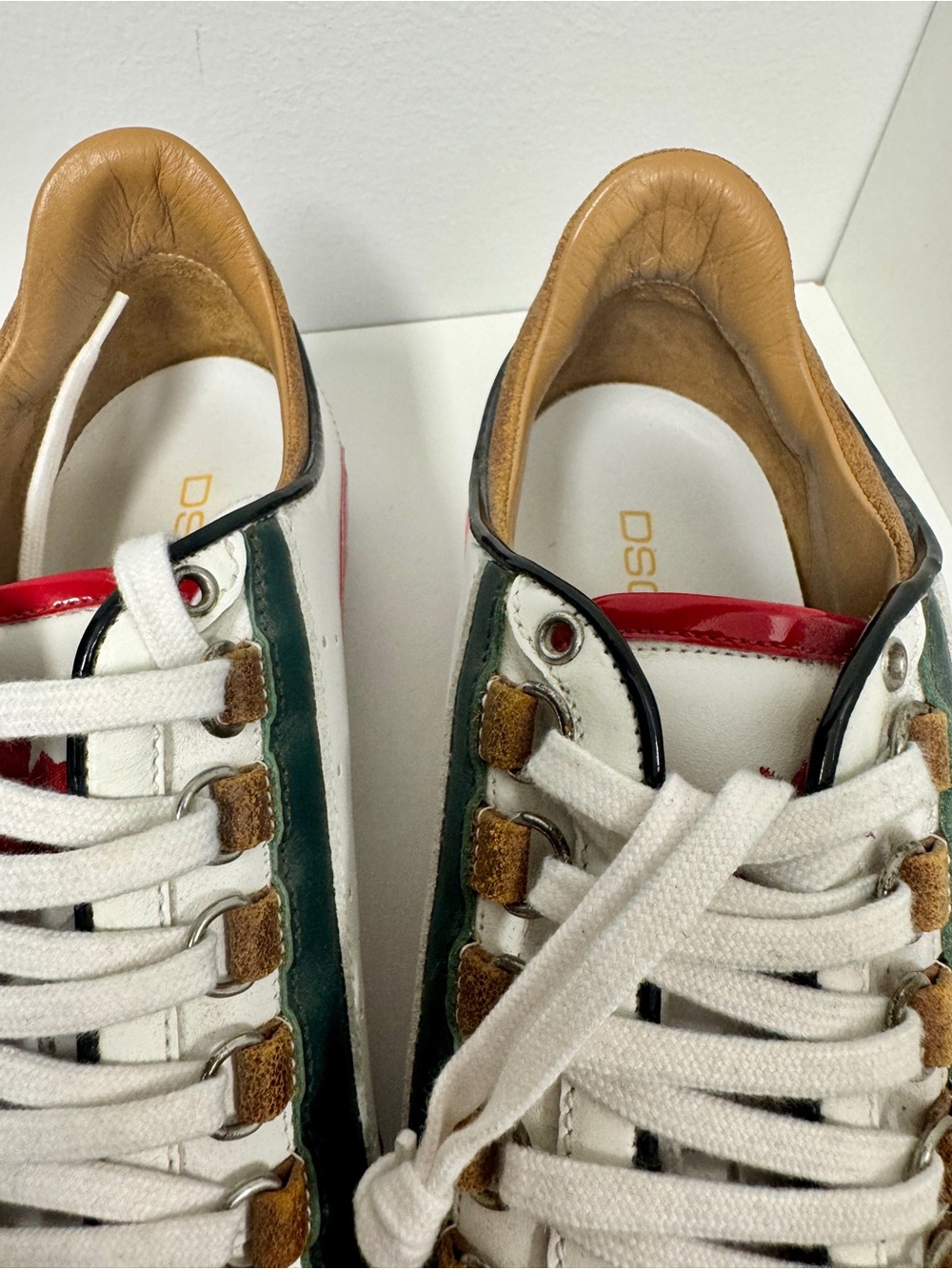 DSQUARED2 White Leather Sneakers with Green & Red Accents and Tan Interior NWT - Picture 2 of 13